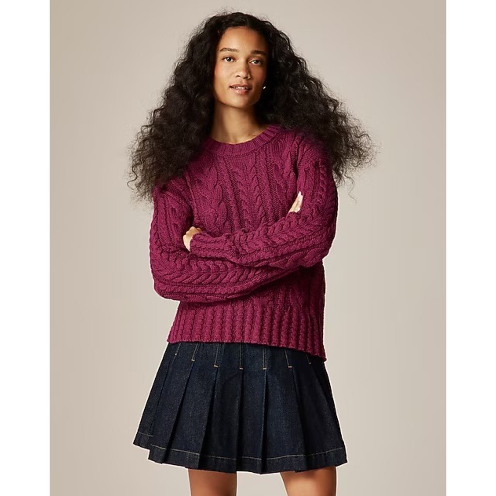 J Crew Cable Knit Crewneck Sweater 100% Cotton Vivid Mulberry Womens Medium